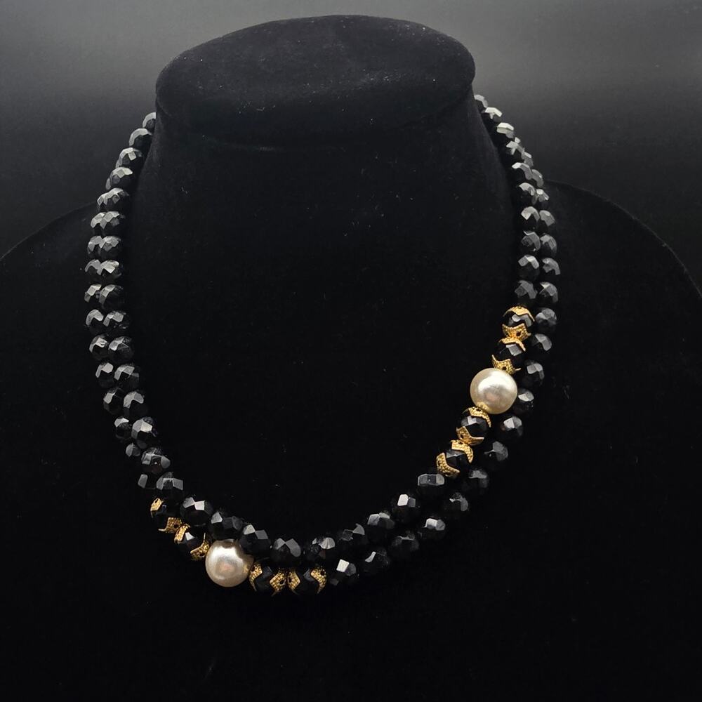 Black Glass Faux Pearl Beaded Necklace 36 Inch Vintage Jewelry - Picture 2 of 8